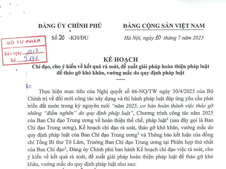 Đảng ủy Chính phủ ban hành kế hoạch chỉ đạo, cho ý kiến về kết quả rà soát, đề xuất giải pháp hoàn thiện pháp luật để tháo gỡ khó khăn, vướng mắc do quy định pháp luật
